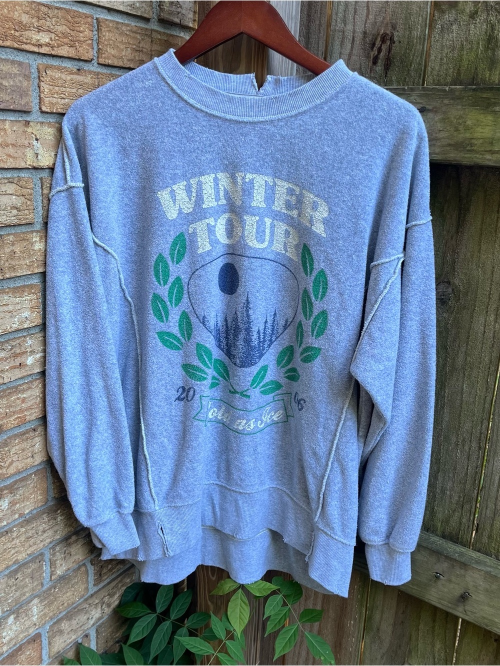 Aerie Oversized Gray Crewneck Sweatshirt with Green Winter Tour Graphic